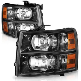 Auto Dynasty Carbon Fiber Pattern Headlights Assembly Compatible with 2007-2014 Chevy Silverado 1500 2500 HD 3500, Headlamps with Parking Light, Driver and Passenger Side, Amber Reflector