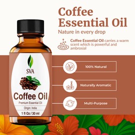 SVA Coffee Essential Oil – 1 Fl Oz – 100% Natural Coffee Oil - for Diffuser, Hair Care, Face, Skin Care, Aromatherapy, Scalp and Body Massage, Soap and Candle Making - with Dropper
