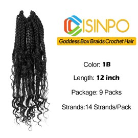 CISINPO 9 Packs Goddess Box Braids Crochet Hair 12 Inch Boho Box Braids Crochet Hair with Curly Ends Synthetic Crochet Hair For Women, 1B/Natural Black