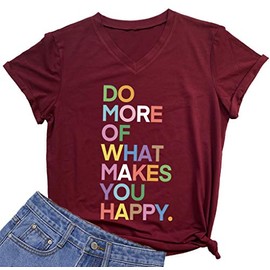 MIMOORN Womens V Neck Fun Happy Graphic Tees Summer Cute Letter Printed T-Shirts Wine Red Large