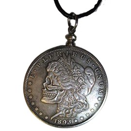 1893 Morgan Dollar Hobo Skull, PENDANT, 24 inches Leather Chord Necklace