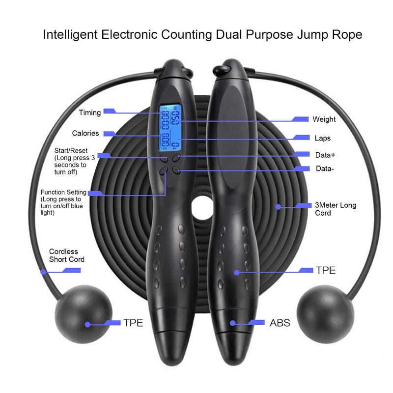 Black Smart Electronic Jump Rope with Counting Function Adult Fitness