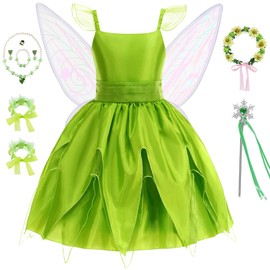 ZALOORIY Tinkerbell Fairy Costume for Girls Princess Dress with Detachable Wings and Accessories (Green, 9-10T)