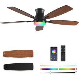 FUMLTP Ceiling fans with Lights, 54 In RGB Low Profile Indoor Ceiling fan with Light and Remote/App Control, Dimmable, Flush Mount, DC Reversible Motor, Noiseless Modern Ceiling Fan For Bedroom（Brown）