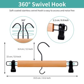 Perfecasa Svelte Series Wooden Pants Hangers with Clips, Skirt Hangers, 360 Swivel Noise Cancel Hook, with Space Saving Connecting Design 10 Pack (Clear Natural)