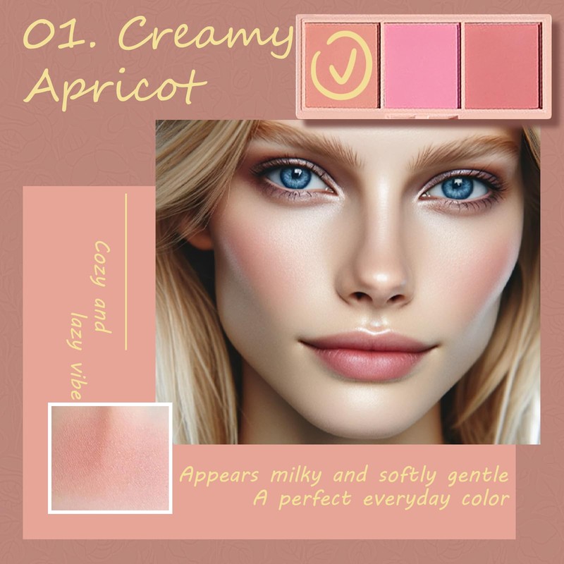 3 Color Matte Pink Blush Palette with Brush, Long Lasting