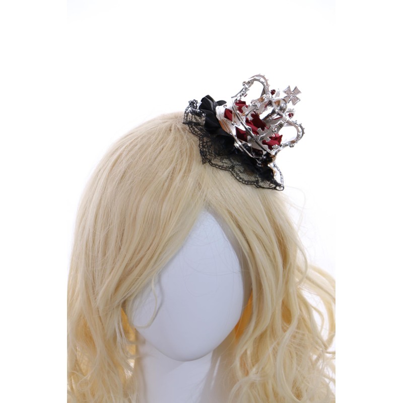 Kawaii-Story C-107-2 Silver Crown Red Rose Bow Black Lace Ruffle