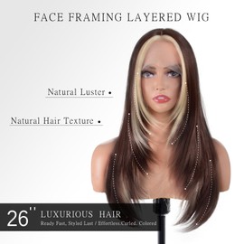 Brown Mix Blonde Long Straight Layered Wig 26 Inches Long Straight Wigs for Women Synthetic Lace Front Wig Middle Part Synthetic Wigs for Daily Cosplay Party Use(#Brown Mix Blonde, 26 Inch)