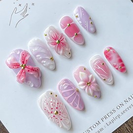 30Pcs Pink Flower Press on Nails Medium Almond Fake Nails with Gold Pearl Rhinestones Handmade False Nails Lily Floral Stick on Nail Gradient Pink Acrylic Nails 3D Cute Glue on Nail for Women