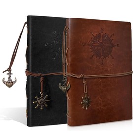 KUIZHEN Leather Notebook A6, Pack of 2 Vintage Spiral Bound Diary Refillable Travel Diary with Blank Faux Leather Notebook Travel for Men and Women, Black, Brown, 80 Sheets of Paper