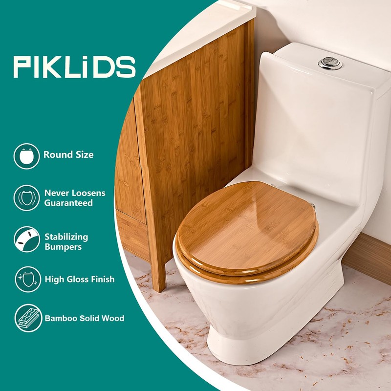 Toilet Seat, Solid Wood, Bamboo, High Gloss Finis, PIKLiDS (Round)