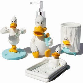 Cute Duck Bathroom Accessories Set Including 1 Cup, 1 Toothbrush Holders, 1 Soap Dishes and 1 Soap Dispenser, Home and Countertop Decoration, Vanity Organize, New Home Gift, White