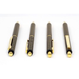 Black SASL-701S-NQ25KB-B Grain Leather Pen Case Blue Metal Instruction Bar and Standard Size Metal Straight Knock Double Anodized Black Lattice Ballpoint Pen Set