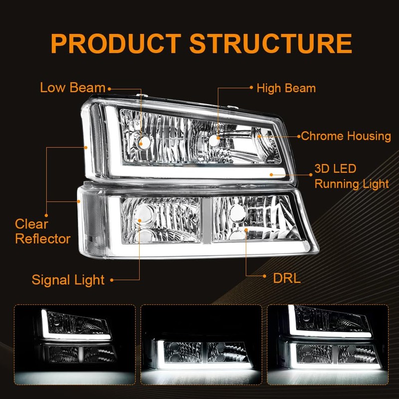 DimFlux LED DRL Headlight Headlights Assembly Kit Compatible with 2003-2006