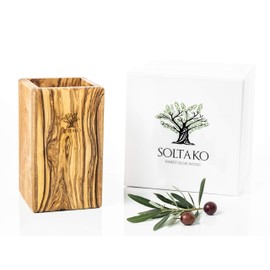 SOLTAKO Olive Wood Cutlery Holder for Kitchen Utensils Holder Wooden Cutlery Stand 15 x 9 x 9 cm (H x W x L)