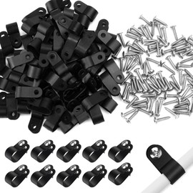 Aroidful 100pcs R Type Cable Clamp with Screws Cable Clips 0.4 inch (10.4 mm) Diameter Cord Clamps R Type Wall Fixing Cord Clips, Nylon, Black
