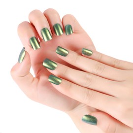 Press On Nails, Press on nails medium square, Opaque Reusable Stick On Nails, Full cover nails, Press on nails with sticky tabs, Aurora Cat Eye, Green, 24pcs