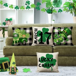 MODOVOS Buffalo Plaid Lucky Clover Hat St Patricks Day Pillow Covers 18x18 Set of 4 Farmhouse St Patricks Day Decorations Lucky Charm Gnomes Truck Shamrock Throw Cushion Case for Home Sofa Couch