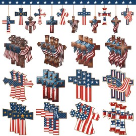SiliFine 36 Pcs 4th of July Patriotic Cross Ornaments for Small Tree 250th Anniversary Independence Day Ornament Wood Memorial Day Decor Red White Blue America USA Flag Hanging Decor for Holiday Party