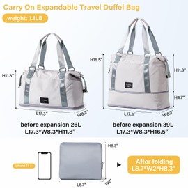 Hanke Expandable Tote Bag Travel Duffle Bag Lightweight Carry on Weekend Bag Foldable travel bag for Women Sports Gym Bag for Men Garment Bag.（Dune Grey）