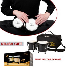 Glory Bongo Drums 4” and 5” Wood Percussion Instrument Bongos with bag and tuning Key,Black