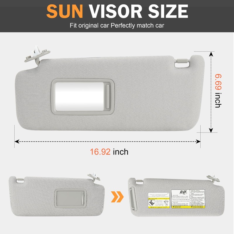 Left Driver Right Passenger Side Grey Sun Visor with Vanity