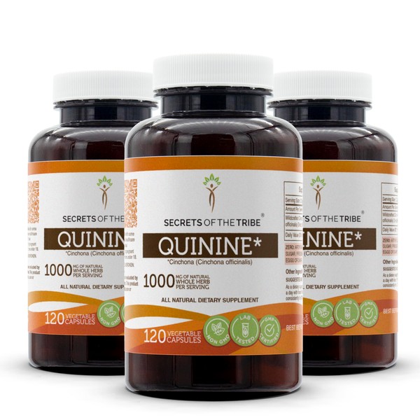 Secrets of the Tribe Quinine Capsules 1000 mg Wildcrafted Quinine (Cinchona officinalis) Dried Bark, Leg Cramp Support Supplement (3x120 Capsules)