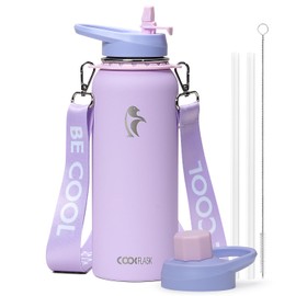 Coolflask Water Bottle with Straw, 40 oz Insulated Metal Water Flask with Straw & Spout Lids, Stainless Steel Double Wall Vacuum, Keep Cold 48h Hot 24h, Leak Proof & Non-BPA, Lavender