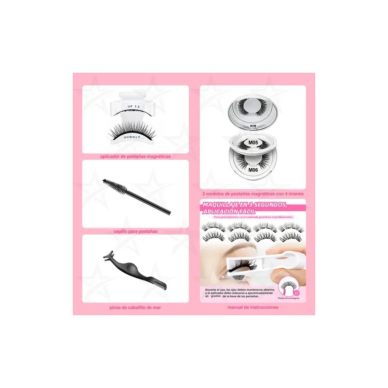 2 Pares Pestañas Magnéticas Natural Reutilizables +aplicador