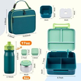 MAISON HUIS Kids Bento Box Set - Includes 8oz Soup Thermo, Insulated Lunch Bag & 17oz Stainless Steel Water Bottle, 4-Compartment Bento Box with Built-In Ice Pack, Leak-Proof & BPA-Free(Green)