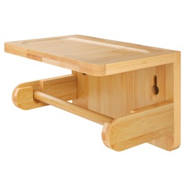 Bamboo Toilet Paper Holder with Phone Shelf, No Drill Wall-Mounted Tissue Holder, Multi-Functional Bathroom Storage Rack with Shelf for Soap, Candles, and Small Items