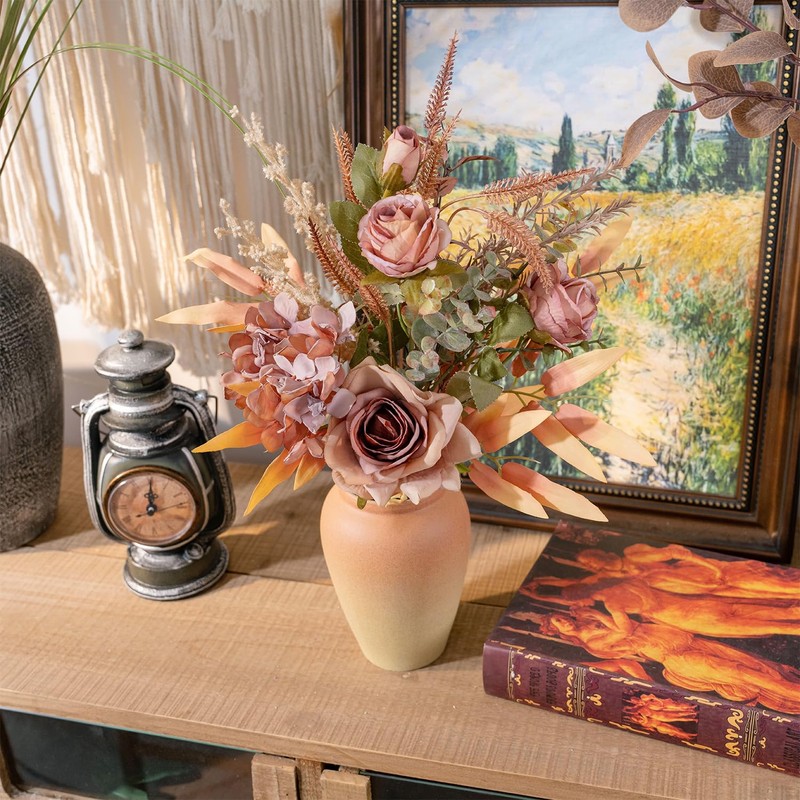 Yorkmills Artificial Roses with Vase, Silk Fake Hydrangea, Autumn Flowers
