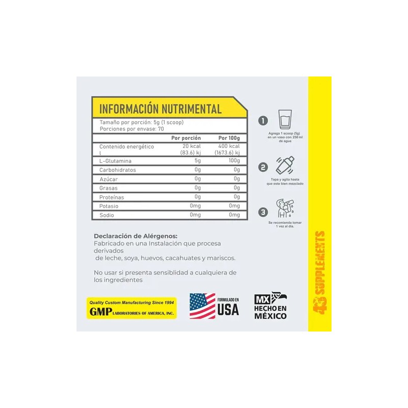Glutamina en Polvo Sin Sabor 350 g Unflavored Glutamine Powder,