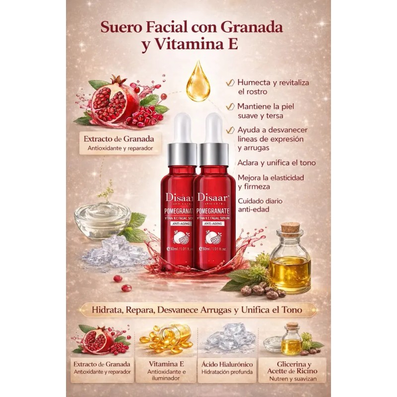 Suero Facial Antiarrugas, Hidratante, Granada, Vitamina E