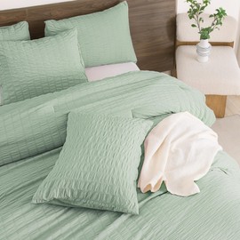 Andency Sage Green Comforter Full Size (79x90 Inch), 3 Pieces (1 Seersucker Textured Comforter and 2 Pillowcases), 100% Soft Washed Microfiber Summer Lightweight Down Alternative Bedding Set