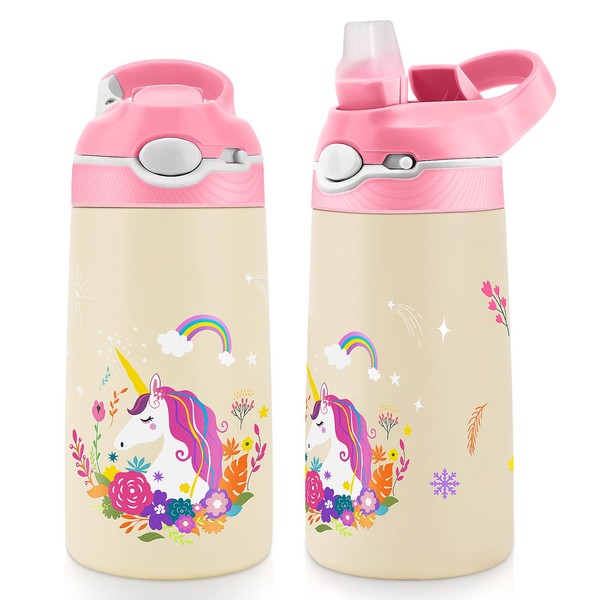JYPS 400ml Kids Water Bottles with Straw for Girls, Unicorn Stainless Steel Water Bottle for School, Vacuum Insulated, BPA-Free, Leak-proof, Double-Walled, Metal Drink Bottle (Flowers)