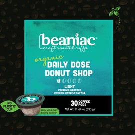 beaniac Organic Daily Dose Donut Shop, Light Roast, Single Serve Compostable K Cup Coffee Pods, Organic Arabica Coffee, Keurig Brewer Compatible, 30 Count