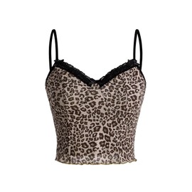 SOLY HUX Women's Y2k Lace Trim Leopard Print Camisole Tops Sleeveless Spaghetti Strap Cheetah Crop Tank Top Multicoloured Leopard Large