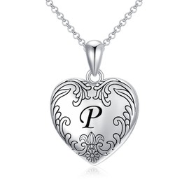 SOULMEET 18k White Gold Plated Silver Cameo Initial Heart Locket Necklace That Holds Pictures Photo Locket Necklace Alphabet P (Locket only)