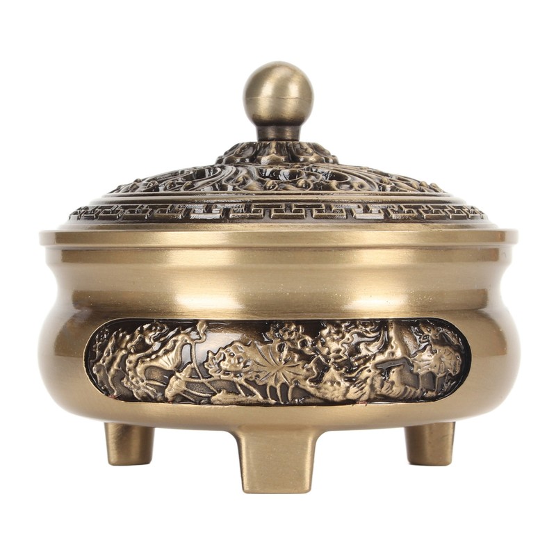 Coil Incense Burner with Lid Antique Beautifully Carved Electroplating Zinc