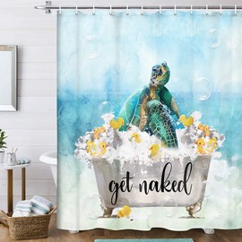 VeiVian Funny Get Naked Shower Curtain Sea Turtle and Yellow Duck in Bubble Bathtub Shower Curtain for Bathroom, Fabric Watercolor Navy Blue Bathtub Curtains Nautical Beach Theme Modern Art， 70X70IN