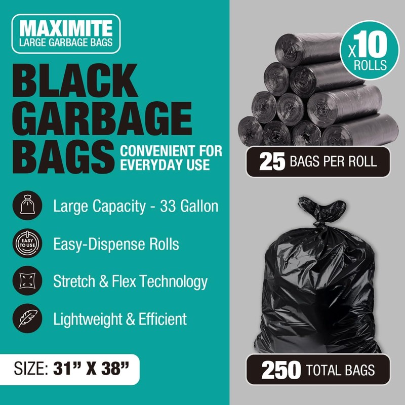 32-33 Gallon Black Trash Bags, Heavy-Duty | 32” x 38”