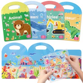 OWill 4 Pack Sticker Book Reusable from 2 3 4 5 6 Years, DIY Children's Sticker Contains Themes such as Vehicle, Animals, Dinosaur and Ocean, Reusable Sticker Book for Children, Travel Toy