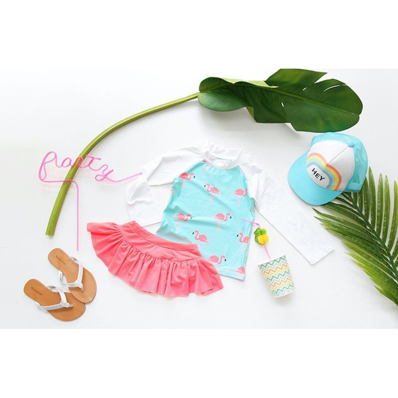 [Emfay] キッズ 女の子 水着 セパレート フラミンゴ柄 長袖 女児水着 ラッシュガード キャップ付き