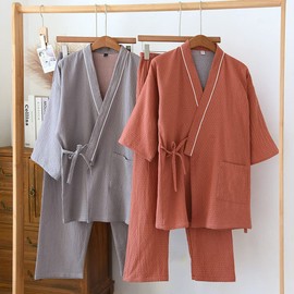 OWLONLINE Japanese Style Pajamas Japanese Kimono Suit Gauze Cotton, Coral red