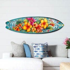 48-inch Hawaiian Flowers Surfboard Wall Art, Handcrafted Coastal Holiday Décor by G. Debrekht