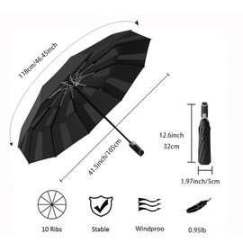 erised's bifrost Fast Folding Automatic Compact Travel Umbrella with Firm Memory Film Large Windproof / Auto Open Close / 10 Ribs / Storm Proof / for Women Men, black