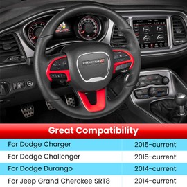 Steering Wheel Cover Trim Interior Accessories Decoration Kit for 2015-2021 Dodge Challenger Charger, for 2014-2021 Dodge Durango & Jeep Grand Cherokee SRT8 (Red 3PCS)