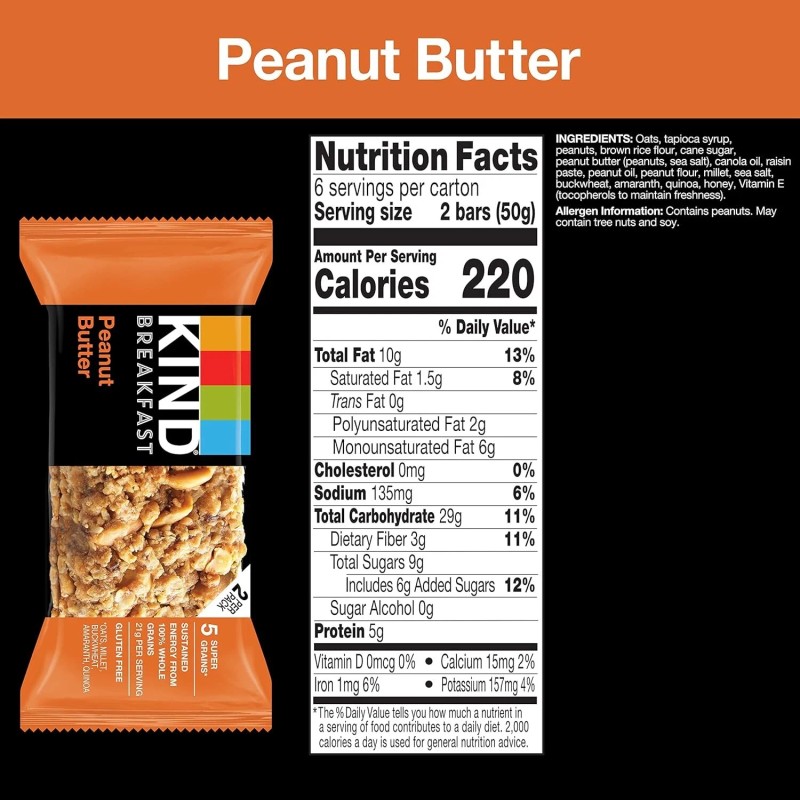 KIND Gluten Free Peanut Butter Breakfast Bars 6 Pack 1.76oz