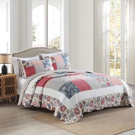 camandy Cotton Bedspread Quilt Bedding Sets 3 Pieces Reversible Coverlet Sets Comforters Vintage Floral Yellow Red Blue Patchwork Bedspread, King Size